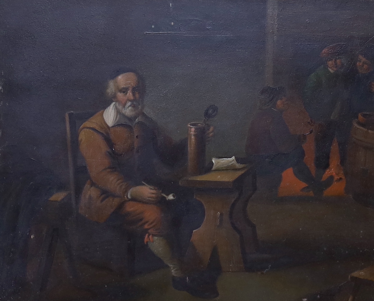 19th century Dutch school, oil on tin, Tavern scene with figures, 19cm x 15cm, ornate gilt frame
